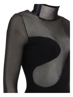 An elegant and sleek bodysuit with a high neck and long sleeves, featuring invisible back zip fastening and opaque abstract panels. This slim fit bodysuit is a stylish addition to any wardrobe. High neck Long sleeves Invisible back zip fastening Opaque abstract panels | Nensi Dojaka Women's Asymmetric Line Bodysuit in Black | Size Medium | KT027BLACK High Neck Bodysuit, High Neck Long Sleeve, Black Bodysuit, High Neck, Sleek, Long Sleeves, Slim Fit, Size Medium, Wardrobe