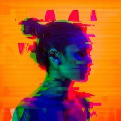 a woman's profile is shown in an orange and blue background with geometric shapes