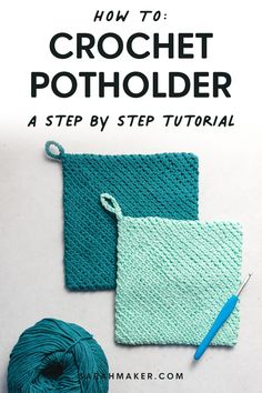 the crochet potholder pattern is shown with yarn and scissors in front of it