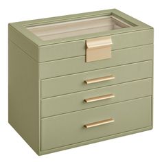 a green drawer with three drawers and two gold handles on the top one is empty