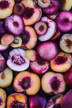 several pieces of fruit that have been cut in half