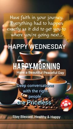 coffee cups and saucers with the words happy morning