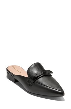 A dainty bow adds a dose of sweetness to a refined mule elongated by a pointy toe. 1" heel Leather upper/synthetic lining/rubber sole Imported Bow Mules, Womens Reebok, Hush Puppies, Mules Shoes, Cole Haan, Mule, Betsey Johnson, Lucky Brand, Nordstrom Rack