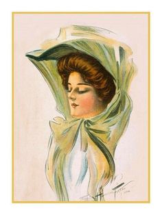 a painting of a woman with her eyes closed wearing a green scarf over her head