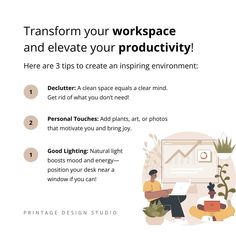 Your workspace can truly make or break your productivity! 🏢✨ A well-organized environment fosters creativity and focus, so let’s dive into some essential tips to create an inspiring space. First, declutter! A clean and tidy workspace helps clear your mind and allows you to concentrate better on your tasks. Say goodbye to unnecessary distractions! Next, add personal touches. Surrounding yourself with plants, art, or photos that motivate you can lift your spirits and keep you inspired through... Tidy Workspace, Plants Art, Clean Space, Mood Boost, Clear Your Mind, Clear Mind, Inspiring Spaces, Organization Tips