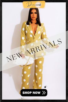 Wave Point Printed Blazer Jacket and Pants Set Yellow Long Sleeve Pantsuit For Spring, Yellow Long Sleeve Spring Pantsuit, Spring Yellow Long Sleeve Pantsuit, Yellow Long Sleeve Suits For Spring, Trendy Long Sleeve Suits For Spring, Trendy Long Sleeve Spring Suits, Jacket And Pants Set, Printed Blazer, Color Pick