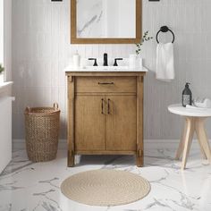 a bathroom with marble flooring and white walls, including a wooden sink vanity topped with a mirror