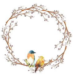 two birds are sitting on a branch with pink flowers in the middle and one is blue