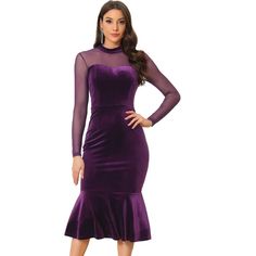 This dress features mesh sheer shoulders, sheer long sleeves, a mock neck, and a sheer midi Mermaid silhouette in velvet. The draped cut and unique design, combined with a variety of color options, create a playful casual yet stylish look. It is a must-have item in any woman's wardrobe. Extravagant and elegant design, nice sheer mesh fabric is lightweight and stretchy. This is the perfect feminine dress for transitioning from spring to winter with boots, heels, and sandals. It can also be layere Dresses Dark Purple, Party Gown Dress, 2024 Dresses, Purple Cocktail Dress, Dresses Formal Elegant, Evening Party Gowns, Long Sleeve Evening Dresses, Purple Outfits, Purple Mini Dresses