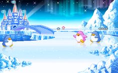 two penguins are skating on an ice rink in front of a castle and snow covered mountains