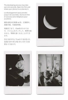 three polaroid photos with the moon in black and white, one showing an image of a man holding a cat