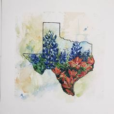 a watercolor painting of the state of texas with bluebonned flowers sticker