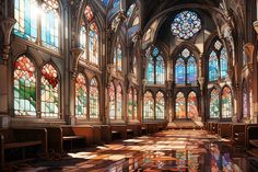 an empty church with stained glass windows and benches