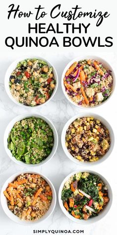 four bowls filled with healthy quinoa bowls and the words how to customize them