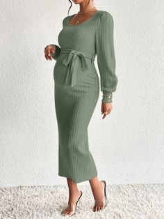 Maternity Solid Color Round Neck Waist Tie Ribbed Knit Long Sleeve Dress Green Elegant  Long Sleeve Knitted Fabric Plain Bodycon Medium Stretch Spring/Fall Maternity Clothing, size features are:Bust: ,Length: ,Sleeve Length: Sage Green Sweater Dress, Winter Baby Shower Dress, Maternity Clothes Winter, Pregnancy Outfits Fall, Maternity Outfits Winter, Baby Shower Dress Winter, Winter Baby Shower Outfit, Random Baby, Winter Pregnancy