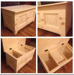 four different views of a wooden chest with doors and drawers on the front, side, and top