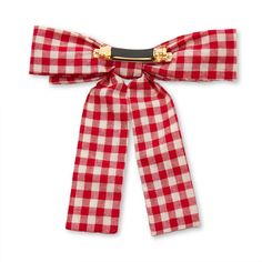 a red and white checkered bow tie with gold hardwares on the end,