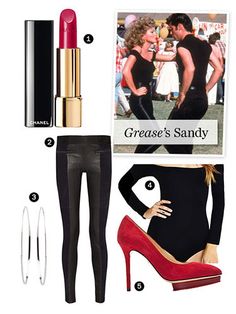 a woman's outfit and accessories including lipstick, high heeled shoes, tight pants and an ad for grease sandy