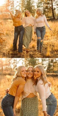 three women are posing for the camera in front of some tall grass and yellow trees