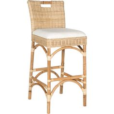 a wicker bar stool with a white cushion on the seat and backrests