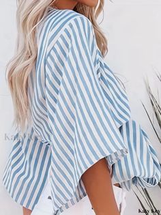 Katykey - Chic Striped Tie-Front V-Neck Blouse: Elegant Half-Sleeve Top for the Spring & Summer Season, Womens Fashion Attire Blouse Elegant, Half Sleeve Tops, Fashion Attire, Striped Tie, V Neck Blouse, Chest Pad, Summer Season, Half Sleeve, Half Sleeves