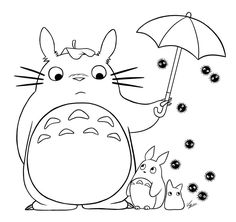 the totoro is holding an umbrella with her two babies in front of it