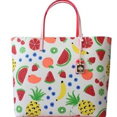 Brand New Kate Spade "How Refreshing Fruit Medley" Len Large Tote Handbag~Rare & Fabulous~This White And Multicolor Kate Spade Tote With A Fruit Medley Scene Is A Must Have! Resin Backed Smooth Leather With Matching Trim. Unlined. Large/Extra Large Open Top. Interior Zipper Pocket. Additional Slide Pocket. Detachable Luggage Tag. Gold Foil Printed Kate Spade New York Signature Logo. Four Gold Tone Feet On Bottom Of Tote. Measures 13.5" H X 14.8" W X 6.2" D. Strap Drop Length Is 7.9". Comes With Trendy Kate Spade Bag With Double Handle, Summer Shopping Bags With Detachable Handle, Summer Bags With Detachable Handle For Shopping, Trendy Kate Spade Bag, Kate Spade Trendy Bags For Daily Use, Kate Spade Trendy Shoulder Bag For Errands, Trendy Kate Spade Bags For Daily Use, Trendy Red Kate Spade Bag, Trendy White Kate Spade Bag