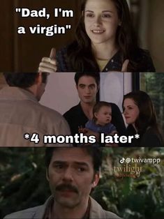 the twilight saga is shown in two different languages, including one that says dad, i'm a virgin 4 months later