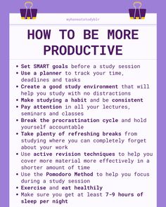 a purple poster with the words how to be more productive in white and black