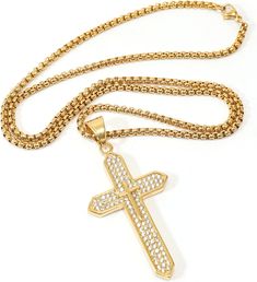 18K Gold Plated Cross Necklace Stunning 18K Gold Plated Design: Elevate your style with our non-tarnish, gold-plated Catholic box chain necklace, radiating elegance and durability. Superior Craftsmanship: Our expertly designed Catholic necklace features intricate detailing and a durable 18K gold plating that resists fading and discoloration. Compact and Stylish Design: This pendant features a sleek 68x32cm cross with a slender 3mm width, complemented by a 60cm chain for a modern and elegant look. Exceptional Durability: Crafted from high-quality stainless steel, this necklace boasts robust construction that withstands everyday wear and tear, ensuring longevity. Meaningful Symbolism: Express your faith in style with the symbolic Catholic cross pendant, making it a perfect gift or personal a Gold Cubic Zirconia Box Chain Necklace, Gold Necklace With Cross Pendant And Box Chain, Gold Cubic Zirconia Jewelry With Box Chain, Catholic Cross, Catholic Necklace, Pendant Making, Box Chain Necklace, Plate Design, Religious Jewelry