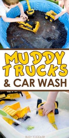 the cover of muddy trucks and car wash by busy toddler, with two children playing in an inflatable pool