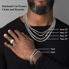 This 5mm diamond cut franco chain is crafted in Italy in solid 14 karat white gold. The luxurious franco gold chain is stamped with the 14k (.585) quality hallmark symbol for quality guarantee. Our 5mm franco sparkles just enough to get the right attention and is the perfect gold necklace for men. The real gold chain is also the ideal men’s gold pendant necklace with its rounded profile and strong, heavy gold links that are durable over time. Actual chain width may vary from 4.90mm - 5.20mm. MET White Gold Necklace For Men, Gold Chain Necklace Outfit, Gold Necklace For Men, Real Gold Chains, Gold Skull, Gold Chains For Men, White Gold Chains, Solid Gold Chains, Skull Pendant