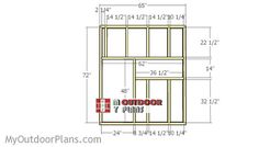 the measurements for an outdoor storage unit with shelves and doors on each side, in front of