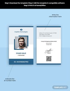 a blue and white id card with an image of a man's face on it