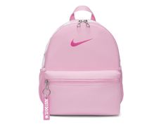 This product is made from sustainable materials as a part of Nike's journey to Move to Zero,100% polyester construction made with 65% recycled fibers, Adjustable padded shoulder straps and carry handle, Large main compartment with dual zipper closure, Front zippered pocket for added storage with key chain detail,2 mesh side pockets ideal for water bottles, Approx. 9 inches W x 13 inches H x 4 inches D, Nike® branding details | Nike Brasilia JDI Mini Sustainable Mini Backpack in Pink Rise/White Nike Brasilia Backpack, Preppy Mini Backpack, Nike Backpack Pink, Nike Pink Backpack, Nike Functional Backpack With Adjustable Strap, Nike White Functional Backpack, White Nike Functional Backpack, Functional Nike Backpack With Adjustable Strap, Functional White Bag With Logo