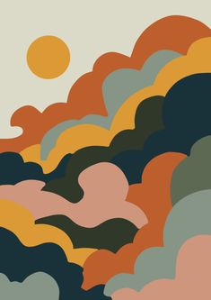 an abstract background with different colored clouds and sun in the sky, including one cloud