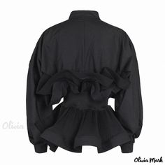 Olivia Mark - Elegant Stand Collar Long Sleeve Button Down Ruffled Peplum Blouse Layered Crop Top, Statement Pants, Peplum Designs, Peplum Shirt, Lace Top Dress, Printed Casual Dresses, Peplum Shirts, Backless Maxi Dresses, Ruffle Shirt