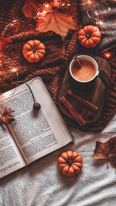 an open book and cup of coffee on a bed next to pumpkins, cinnamon sticks and leaves