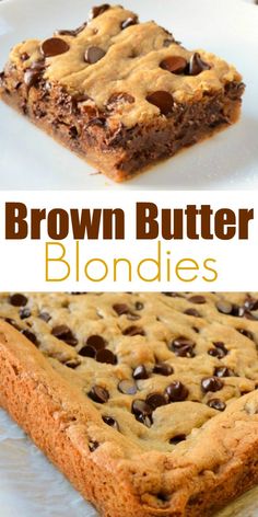 brown butter blondies with chocolate chips on top and in the middle, one is cut into squares