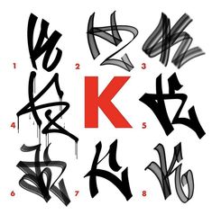 the letters k are drawn with black and red ink on a white background, in different styles