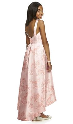 Floral Bateau Neck High-low Junior Bridesmaid Dress With Pockets In Cottage Rose Larkspur | The Dessy Group Bateau Neck, Blossom Print, Bateau Neckline, Junior Bridesmaid Dresses, Bridesmaid Style, Junior Bridesmaid, Floral Sleeveless, Junior Dresses, Popular Style