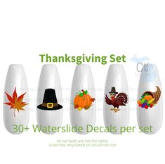 Thanksgiving nail art, Thanksgiving nail decals, pumpkins, Turkey, pilgrim hat, cornucopia, leaves, pumpkin Thanksgiving Nail Decals Fall Nail Art, Turkey Nail Art, Pumpkin Nail Art This perfect fall nail decal set is a fun compilation of 5 different Thanksgiving nail designs. *NOTE: WHITE AREA WILL BE CLEAR ALL WHITE WILL BE CLEAR* You get 30 or more decals in various sizes ranging from 6-8mm These Nail Decals are waterslide images that are easy to apply to your own nails, acrylic nails, or gel Clear Thanksgiving Nails, Thanksgiving Nail Art Turkey, Pilgrim Nails, Turkey Nail Art, Nail Art Thanksgiving, Nail Art Pumpkin, Bright Acrylic Nails, Mom Nails