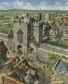 an aerial view of a medieval city with lots of buildings and people walking around it