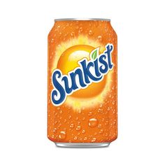 an orange soda can with the word sunst written in blue and white on it