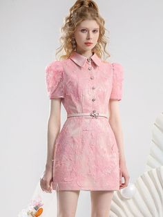 Sheer-Sleeve Embroidery Flower Puff-Sleeve Feminine One-Piece Formal Pink Fitted Puff Sleeve Dress, Feminine Pink Puff Sleeve Dress For Formal Occasions, Feminine Pink Puff Sleeve Dress For Formal Events, Pink Short Sleeve Puff Dress, Formal Feminine Pink Puff Sleeve Dress, Fitted Floral Embroidery Puff Sleeve Dress, Fitted Puff Sleeve Dress With Floral Embroidery, Fitted Floral Embroidered Puff Sleeve Dress, Pink Feminine Puff Sleeve Mini Dress