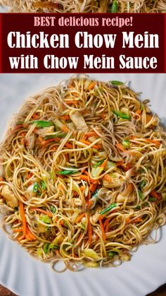 the best chicken chow mein with chow mein sauce is shown on a white plate, and in