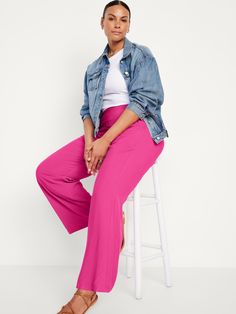 elasticized back waist hip pockets faux fly pull-on style sits at belly button relaxed hip and thigh wide leg hits below ankle 29" regular inseam 27" petite inseam 32" tall inseam models are approx.  5'9" and wear sizes s (4), l (12), and xl (18)machine wash according to the care instruction label Women’s Pants 2022, Pink Dress Pants Casual, Fusia Pink Pants Outfit Work, Style Hot Pink Pants, Hot Pink Slacks Outfit, What To Wear With Hot Pink Pants, Pink Pant Outfits For Women, Pink And Red Outfits For Women, Wide Leg Pink Pants Outfit