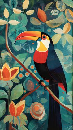 a painting of a toucan sitting on a tree branch with leaves and flowers around it