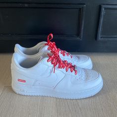 In Like New Condition; Mens Size 11 Nike Air Force 1 With Red Sole Lace-up, Nike Air Force 1 Lace-up With Red Sole, Nike Air Force 1 With Laces For Streetwear, Nike Custom Sneakers For Streetwear, Nike Lace-up Streetwear Sneakers, Nike Streetwear Custom Sneakers, Custom Sneakers With White Laces For Streetwear, Nike Custom Lace-up Sneakers With Red Sole, High-top Custom Sneakers For Streetwear With White Laces