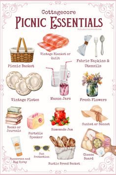 a poster with the words picnic essentials in english and spanish, including bread, watermel